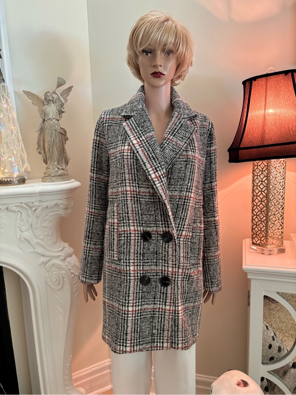 Pink Martini Gray Plaid Double-Breasted Pea Coat with Pink Accents - Picture 2 of 16